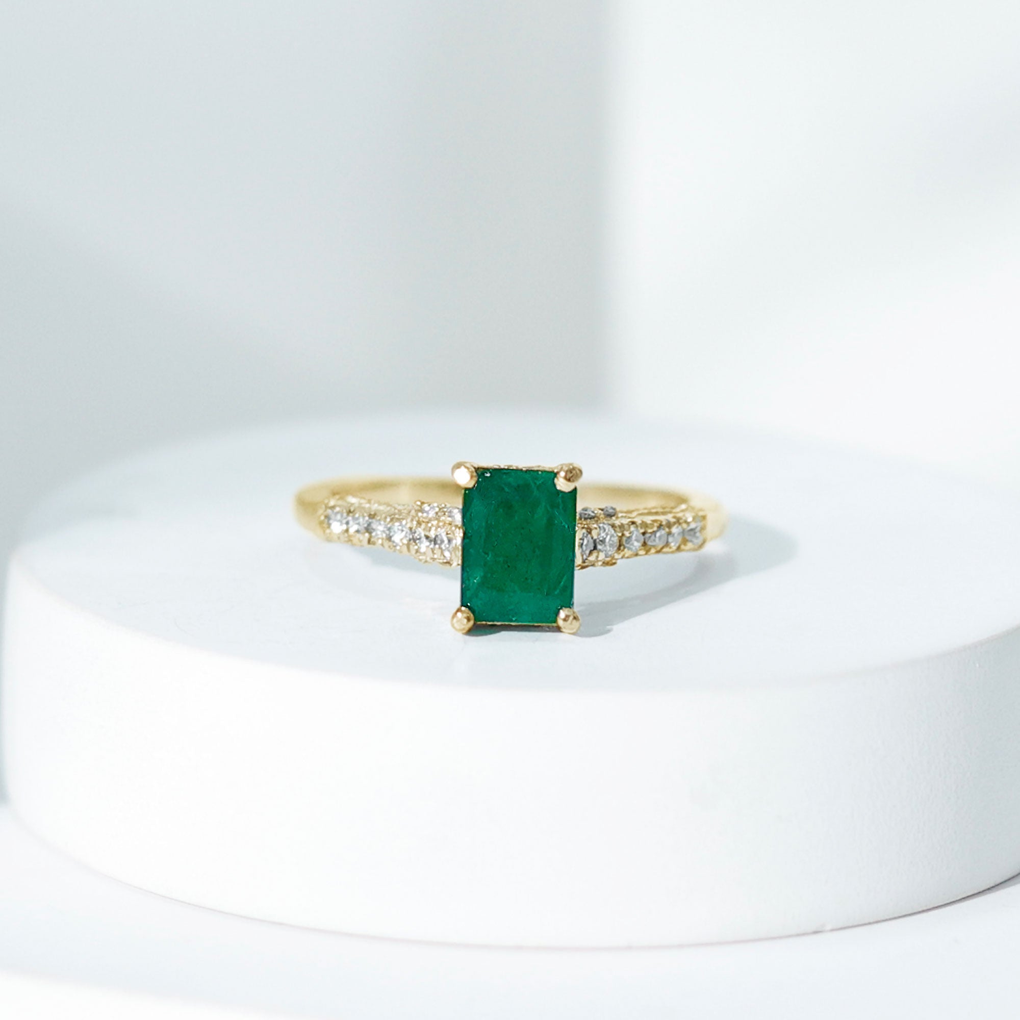 Vintage Inspired 5X7MM Emerald Cut Emerald Engagement Ring with Diamonds