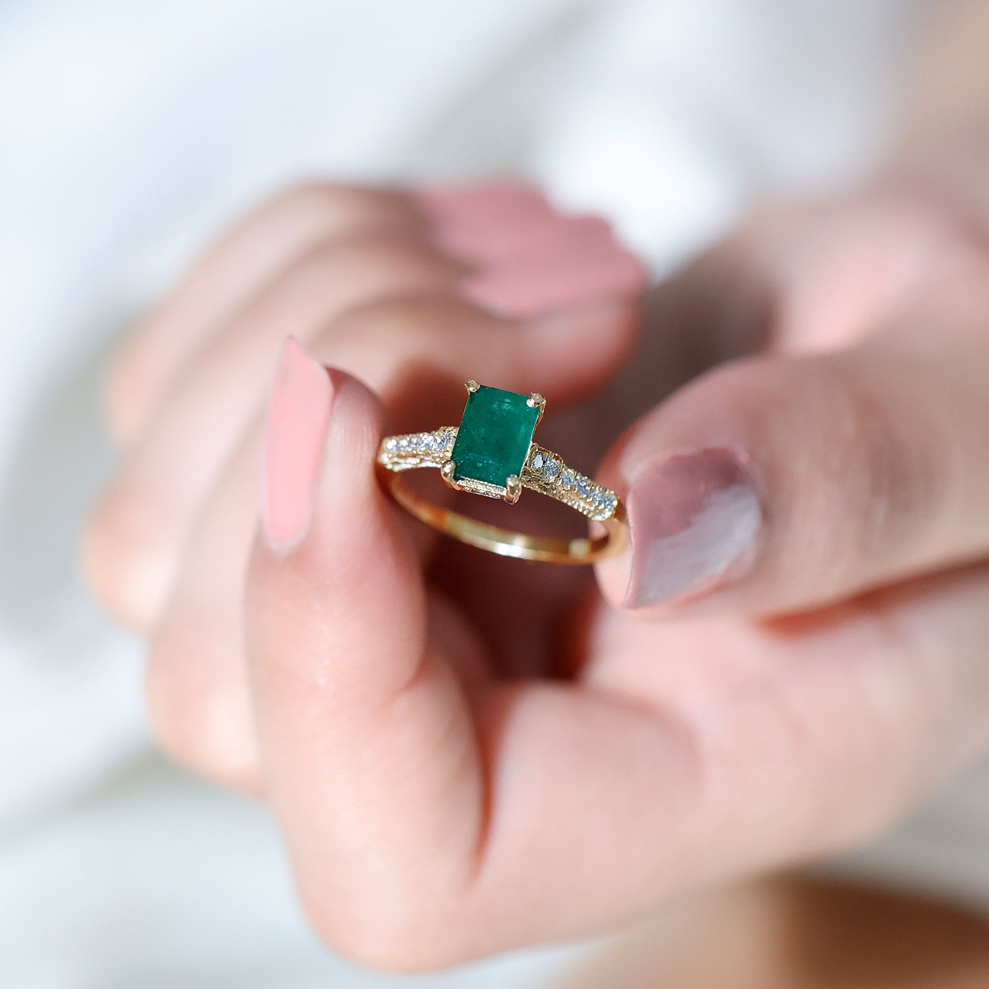 Vintage Inspired 5X7MM Emerald Cut Emerald Engagement Ring with Diamonds