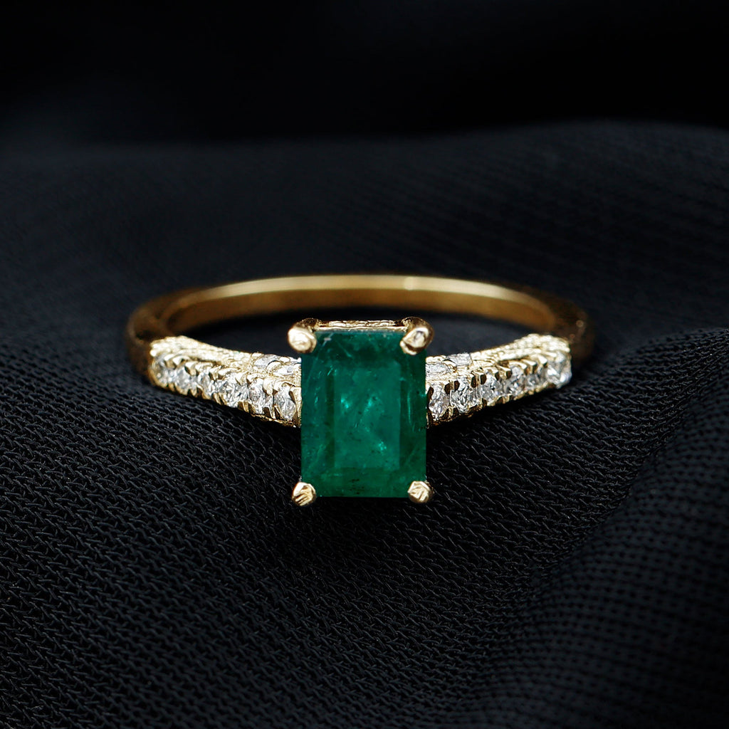 Vintage Inspired 5X7MM Emerald Cut Emerald Engagement Ring with Diamonds