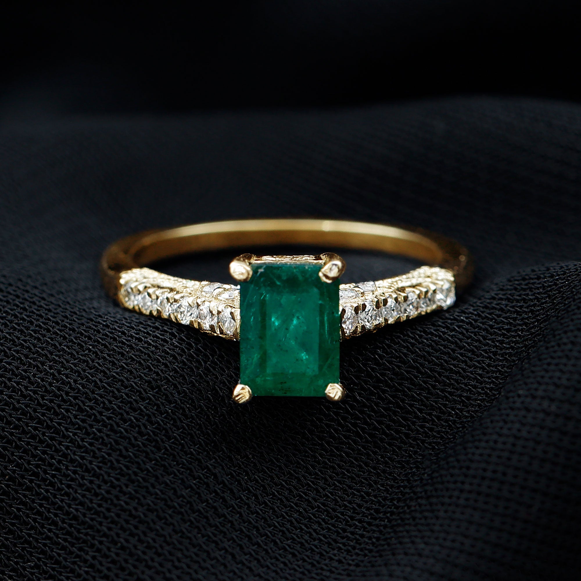 Vintage Inspired 5X7MM Emerald Cut Emerald Engagement Ring with Diamonds