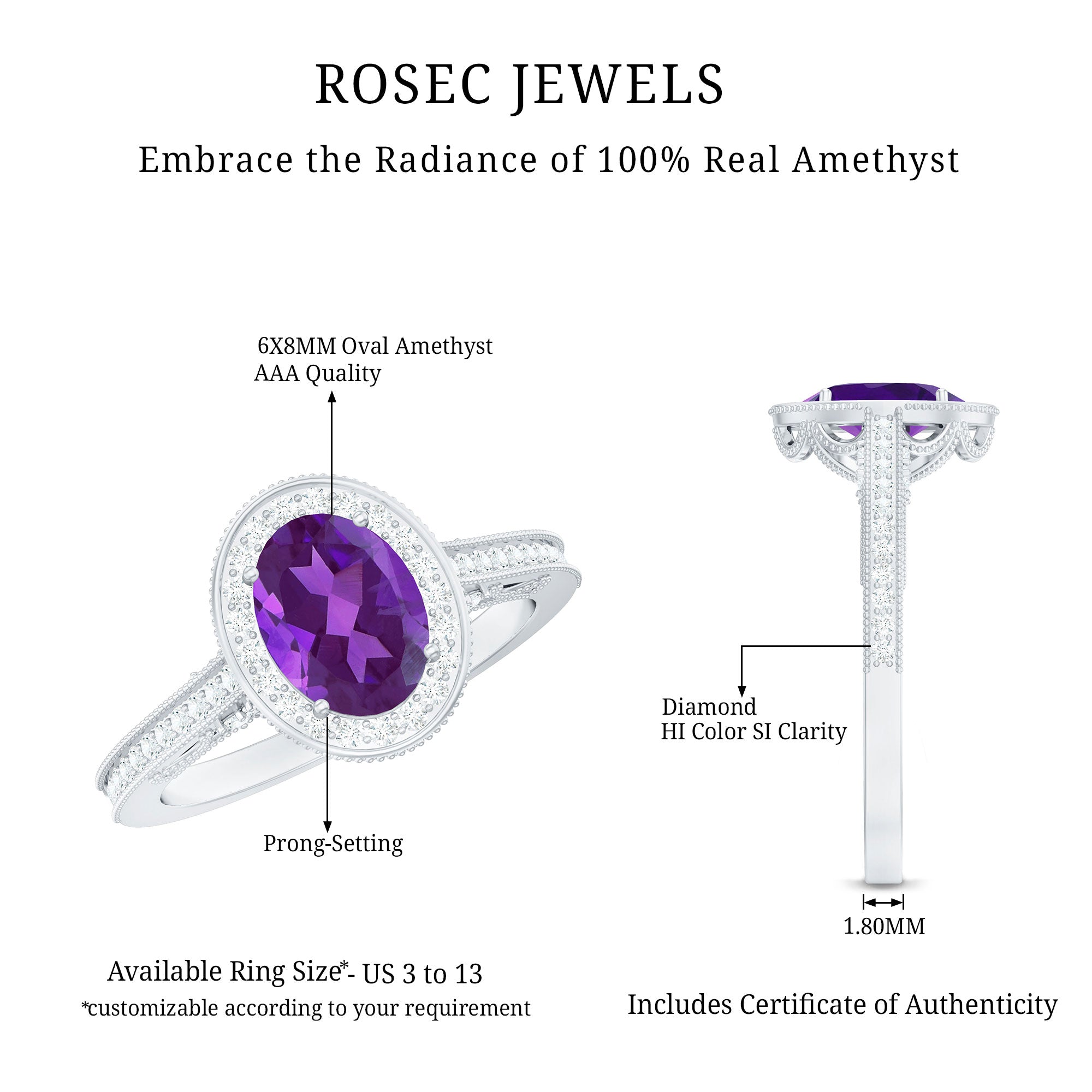 Vintage Inspired Oval Amethyst Engagement Ring with Diamond
