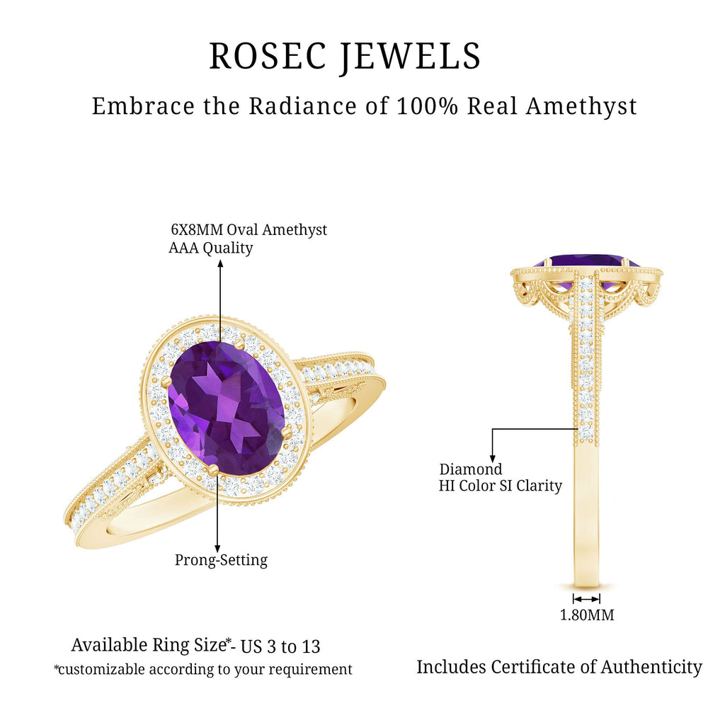 Vintage Inspired Oval Amethyst Engagement Ring with Diamond