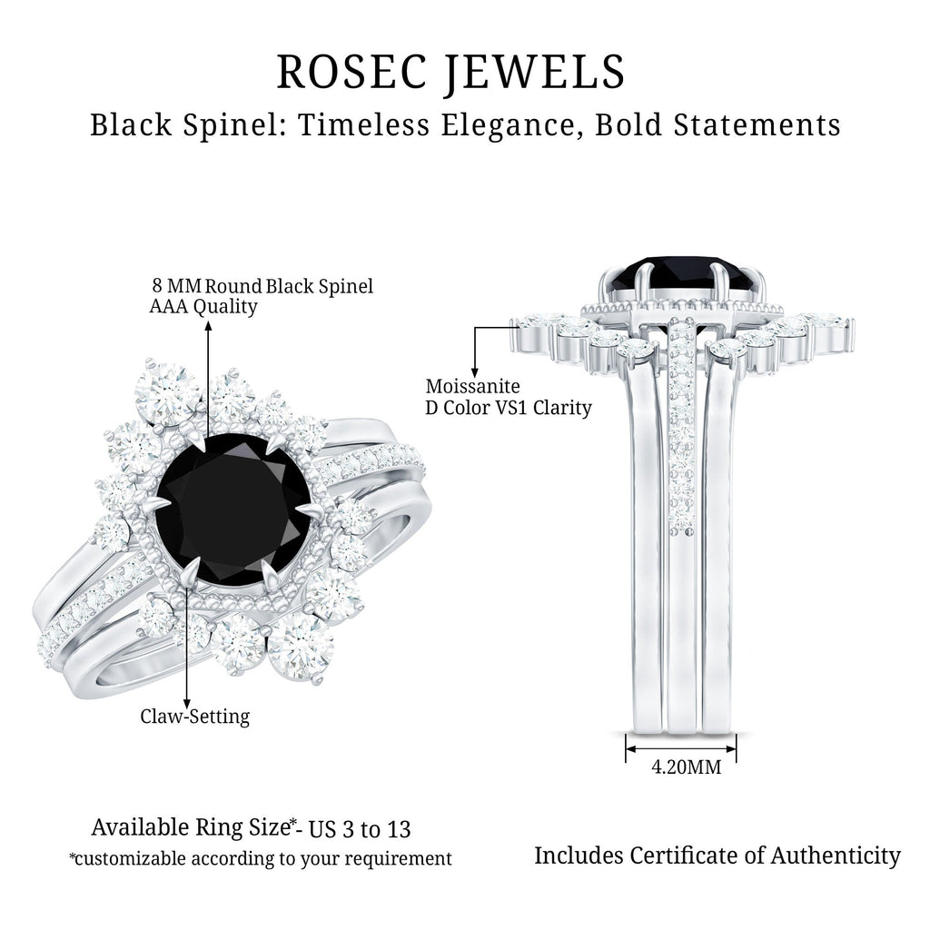 Vintage Style Black Spinel 3 Piece Ring Set with Moissanite