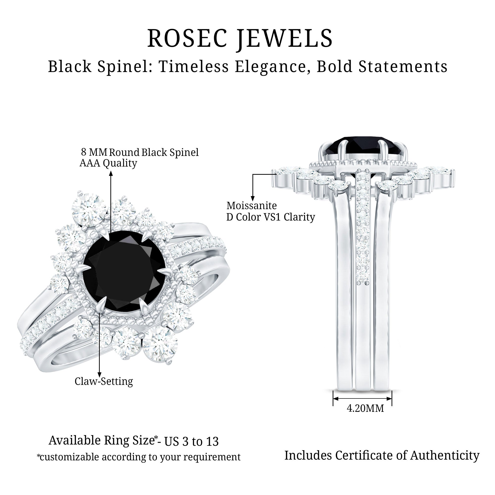 Vintage Style Black Spinel 3 Piece Ring Set with Moissanite