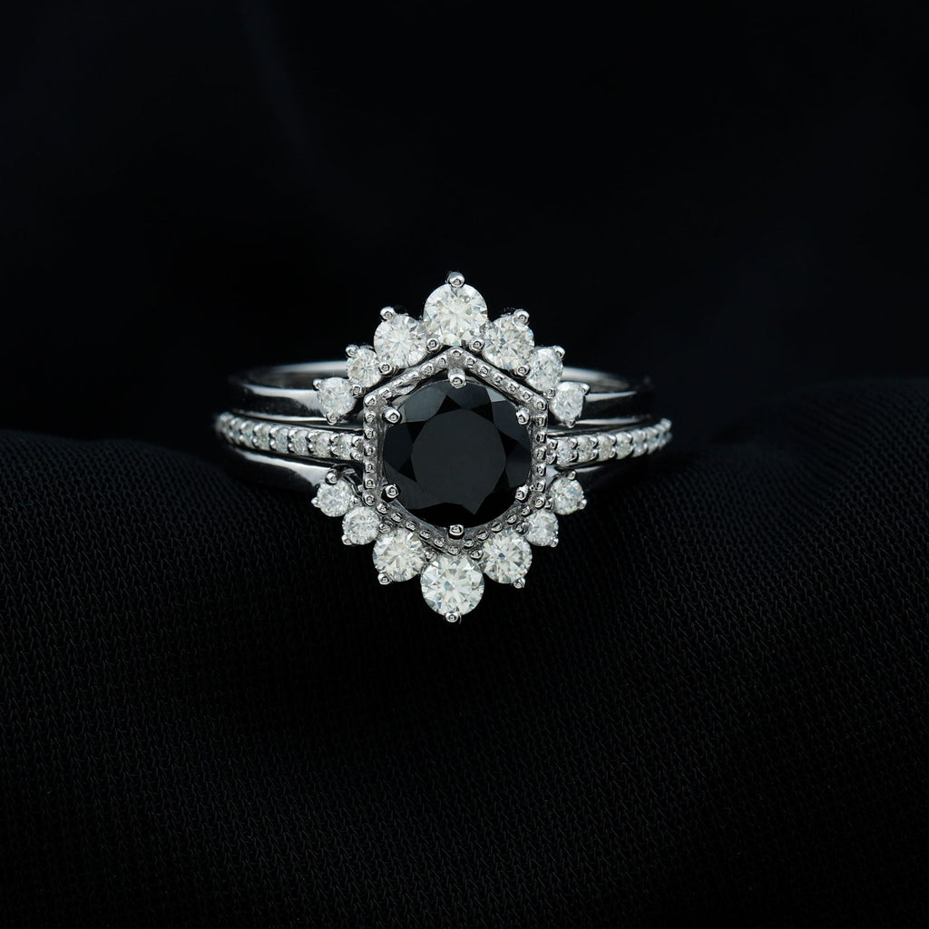 Vintage Style Black Spinel 3 Piece Ring Set with Moissanite