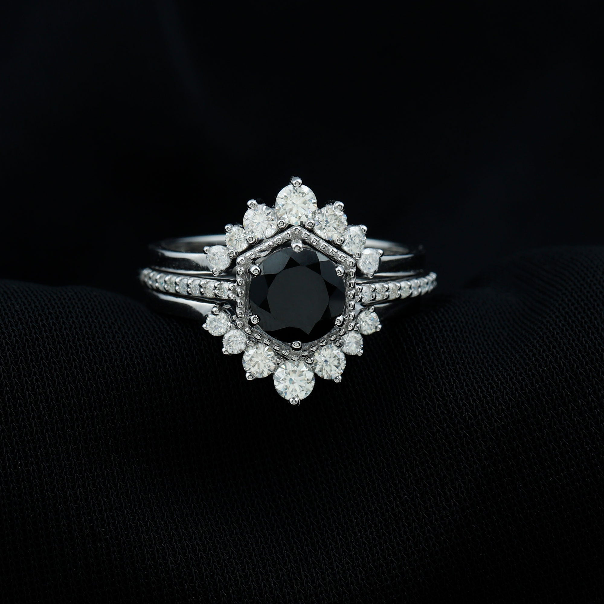 Vintage Style Black Spinel 3 Piece Ring Set with Moissanite