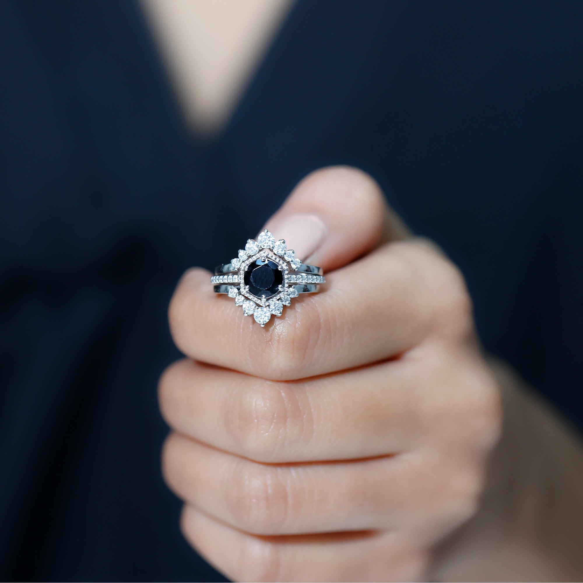 Vintage Style Black Spinel 3 Piece Ring Set with Moissanite