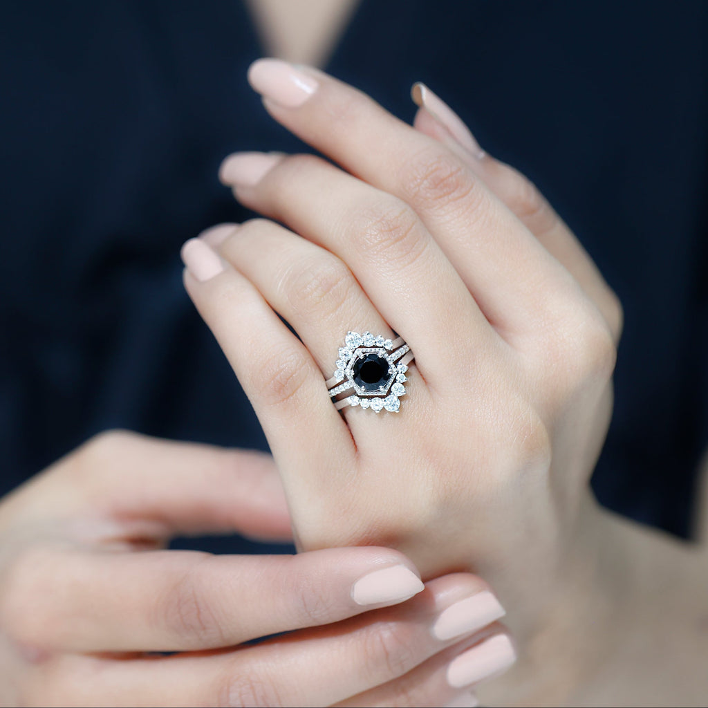 Vintage Style Black Spinel 3 Piece Ring Set with Moissanite