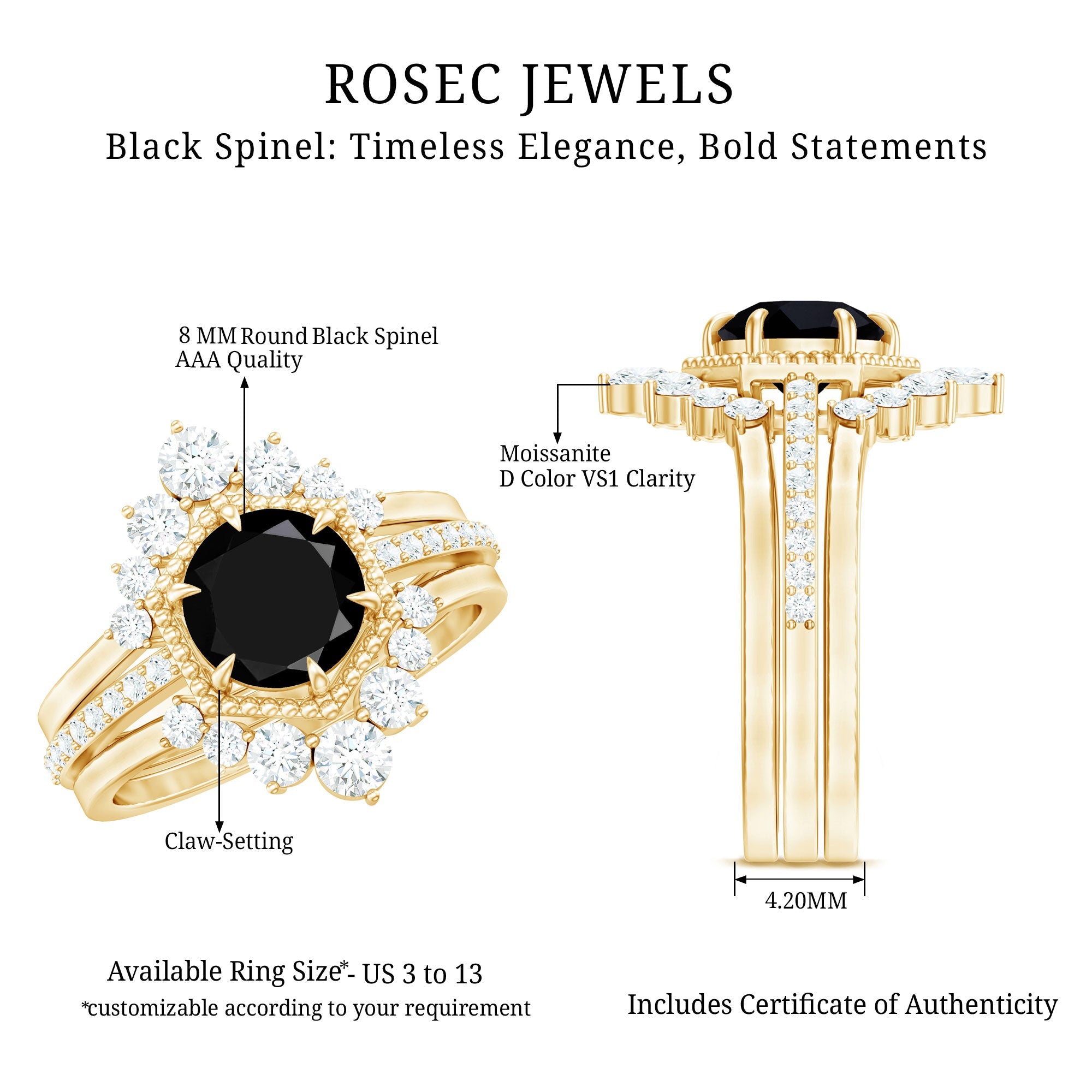 Vintage Style Black Spinel 3 Piece Ring Set with Moissanite