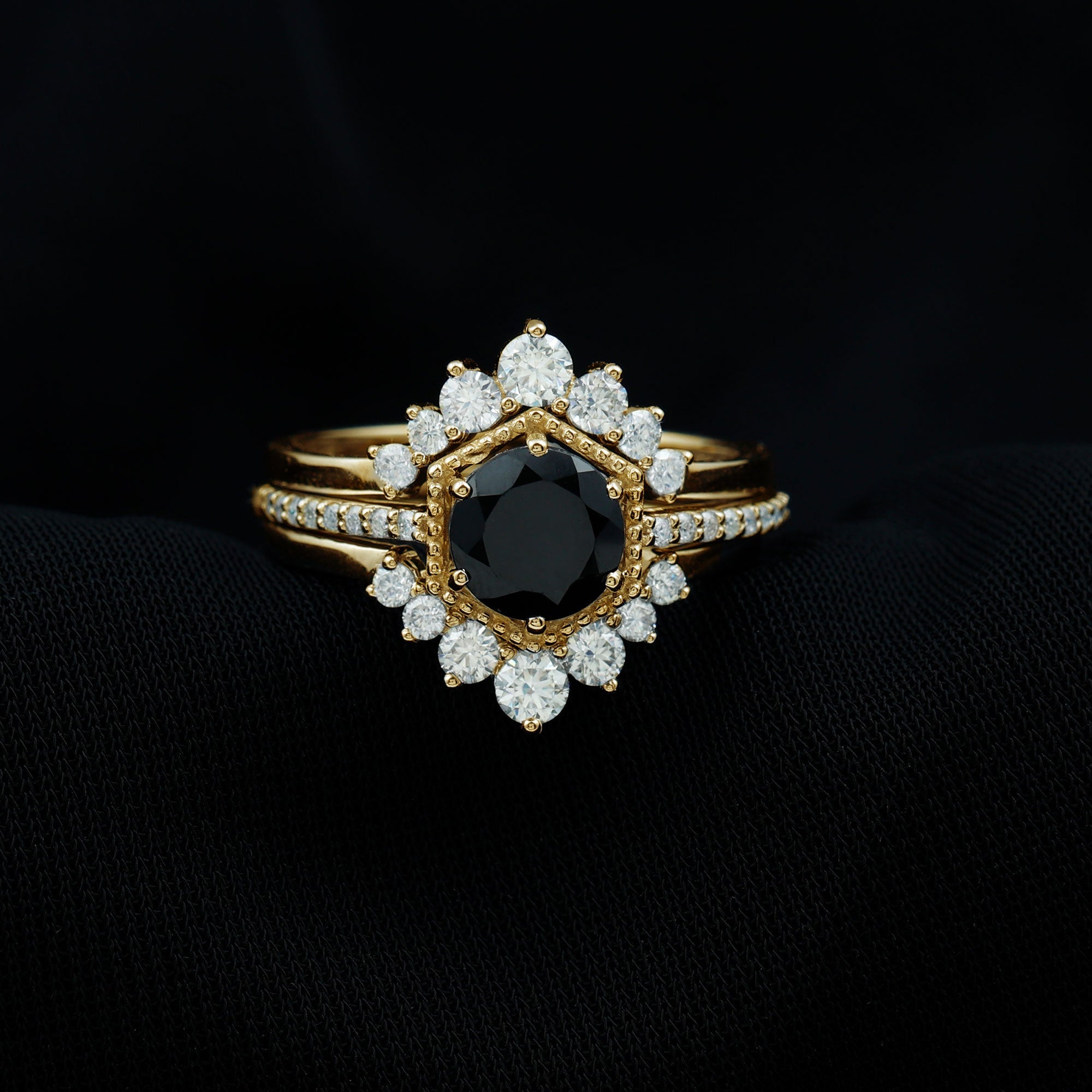 Vintage Style Black Spinel 3 Piece Ring Set with Moissanite