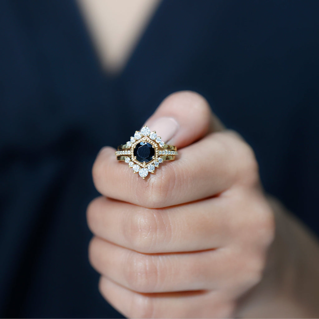 Vintage Style Black Spinel 3 Piece Ring Set with Moissanite