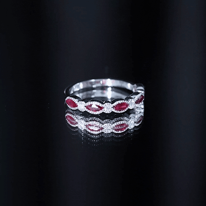 Milgrain Bezel Set Ruby Half Eternity Ring with Moissanite