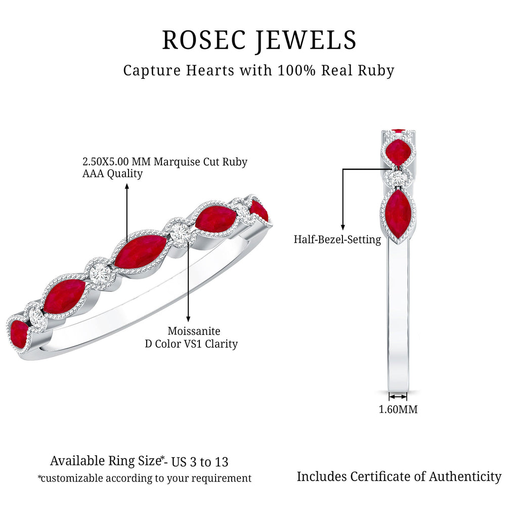 Milgrain Bezel Set Ruby Half Eternity Ring with Moissanite