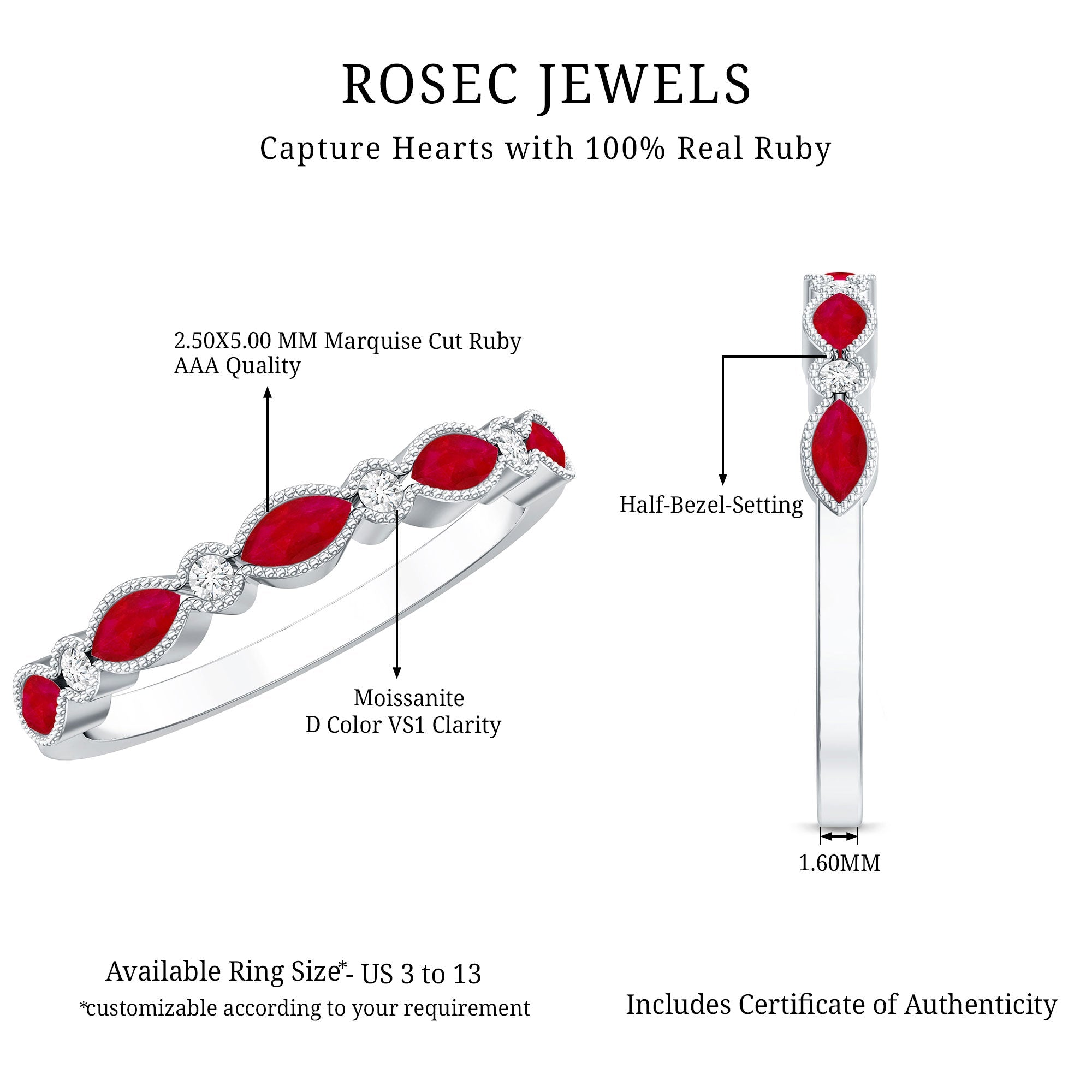 Milgrain Bezel Set Ruby Half Eternity Ring with Moissanite