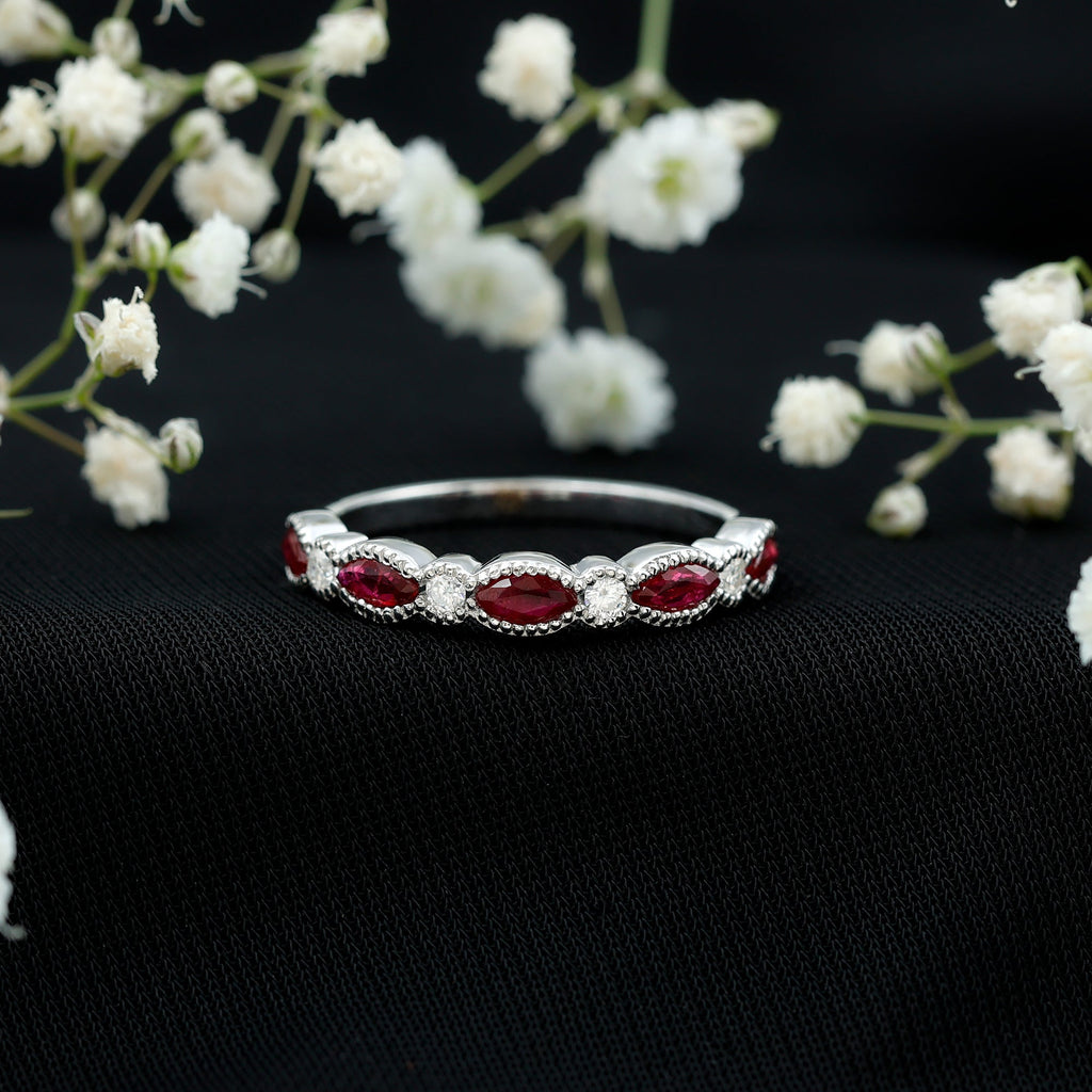 Milgrain Bezel Set Ruby Half Eternity Ring with Moissanite