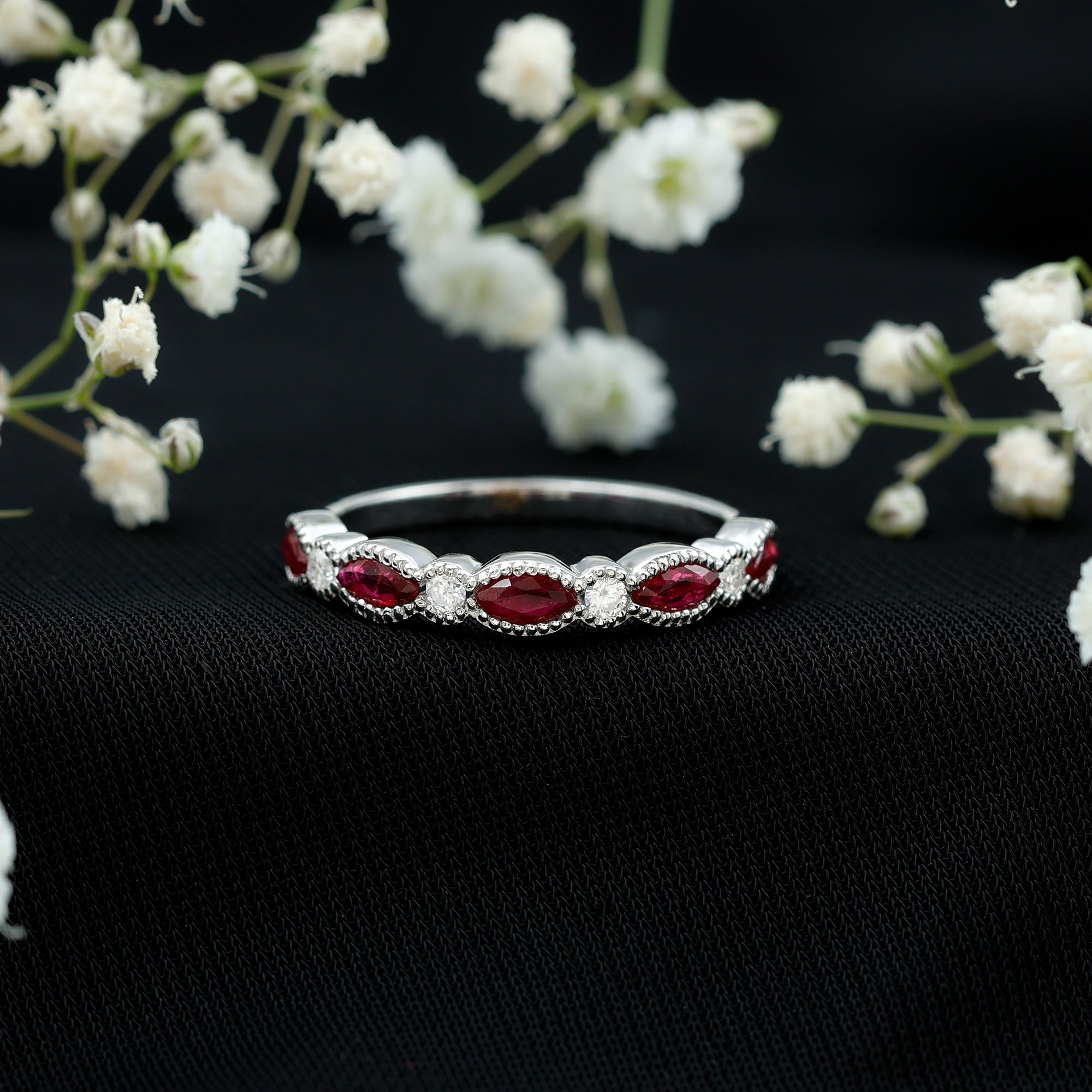 Milgrain Bezel Set Ruby Half Eternity Ring with Moissanite
