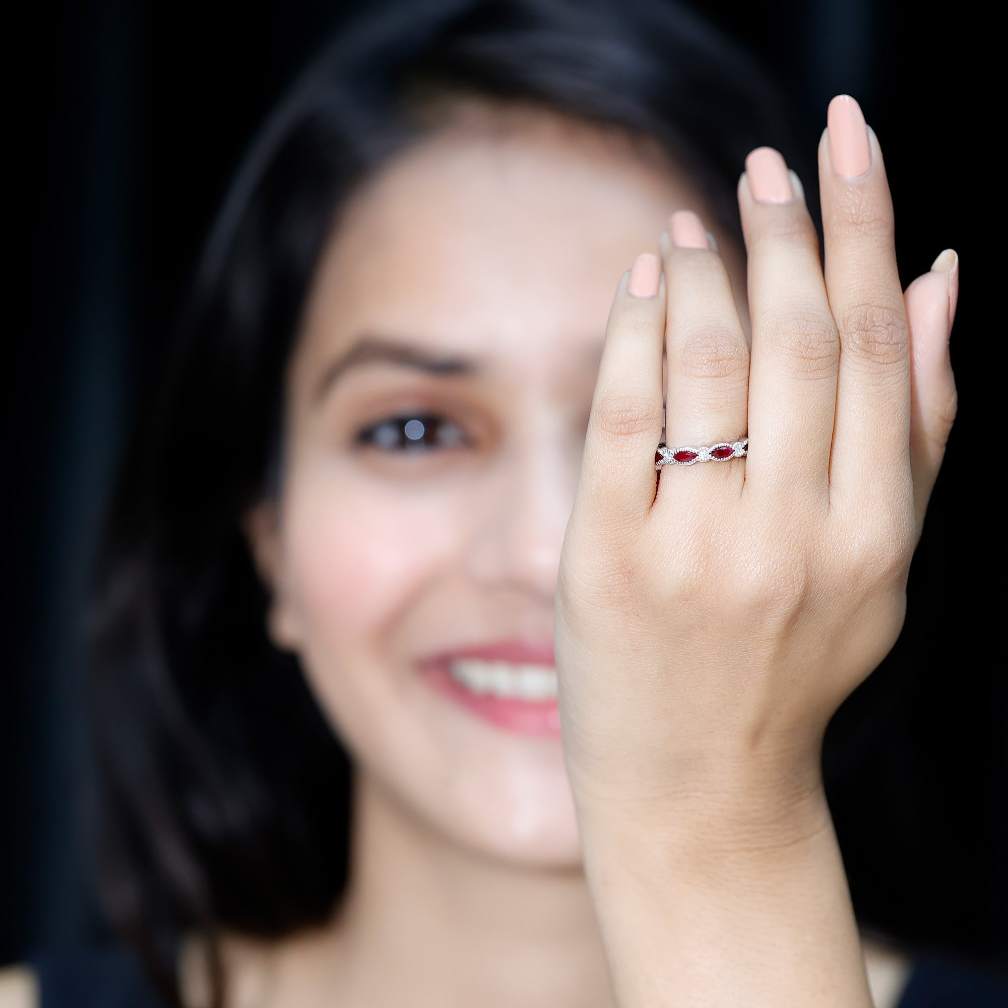 Milgrain Bezel Set Ruby Half Eternity Ring with Moissanite