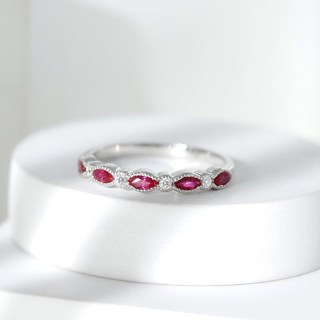 Milgrain Bezel Set Ruby Half Eternity Ring with Moissanite