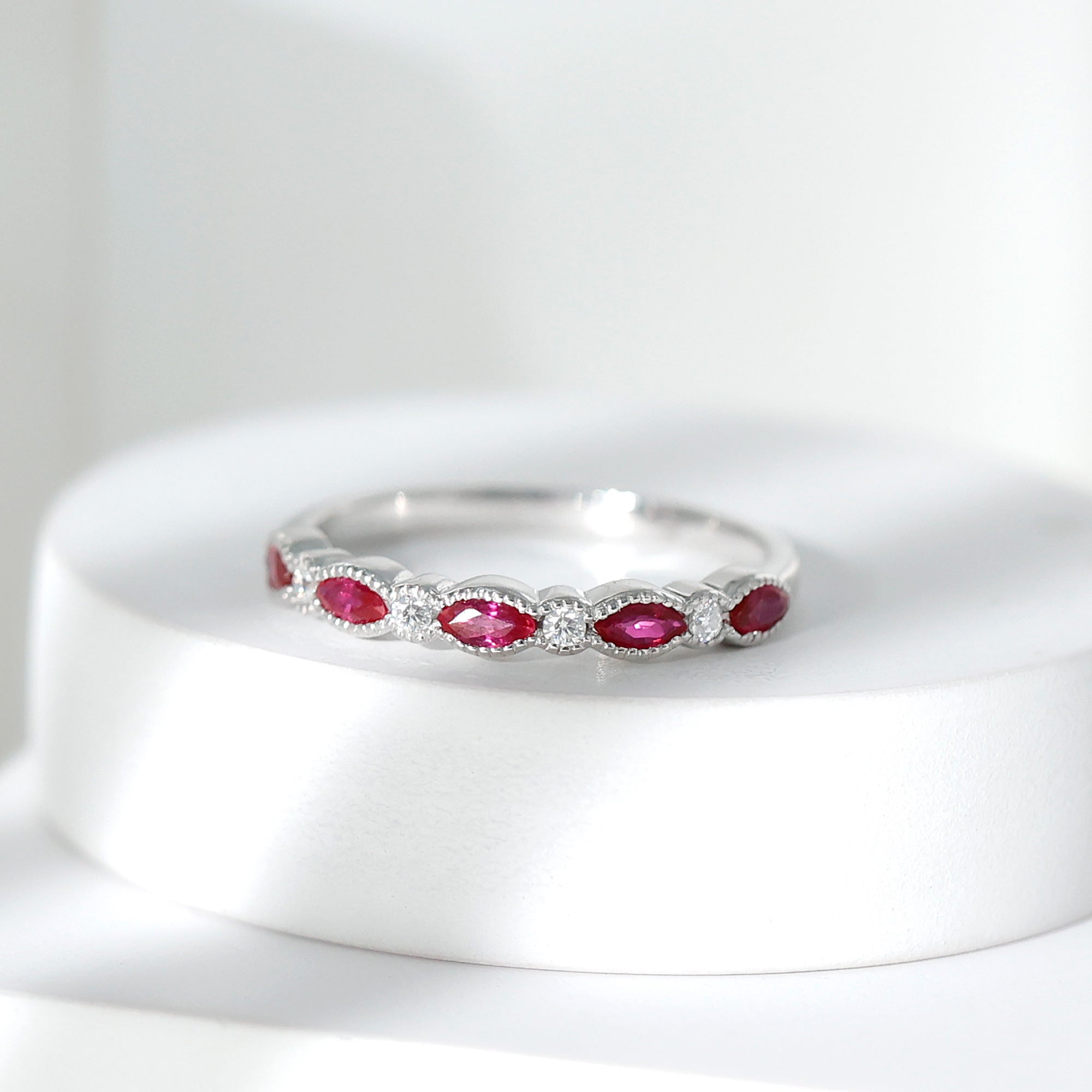 Milgrain Bezel Set Ruby Half Eternity Ring with Moissanite