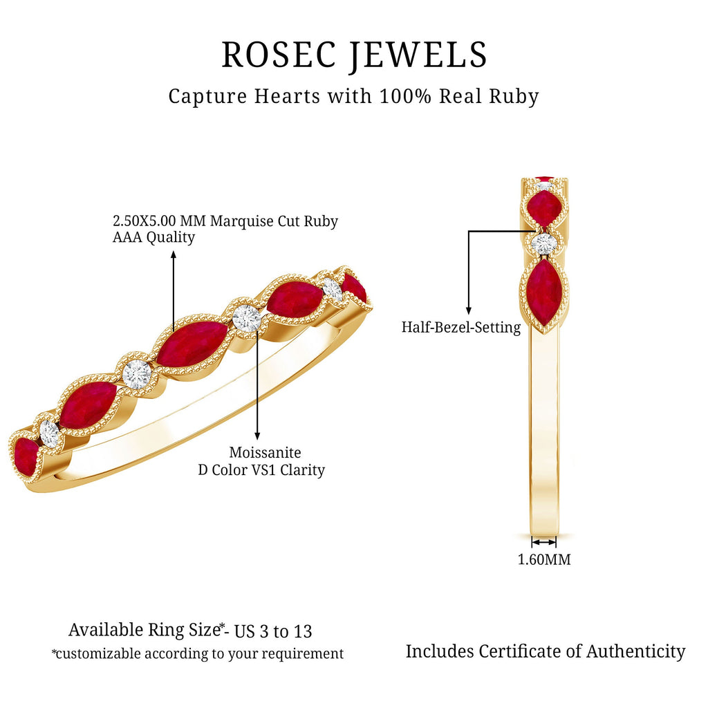 Milgrain Bezel Set Ruby Half Eternity Ring with Moissanite
