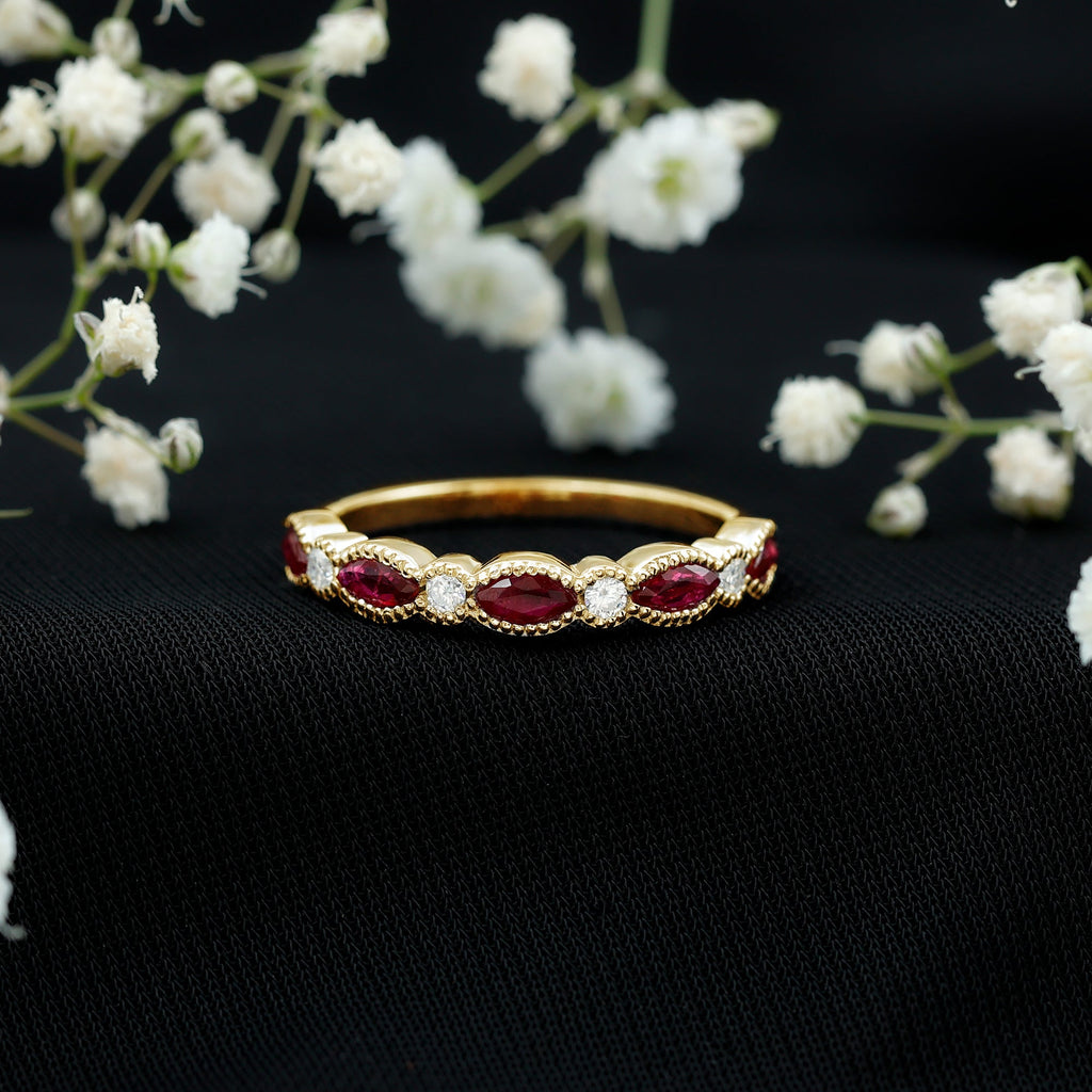 Milgrain Bezel Set Ruby Half Eternity Ring with Moissanite