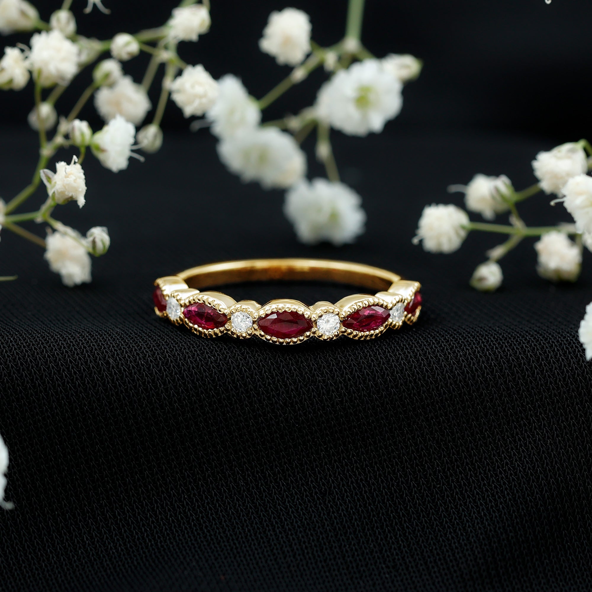 Milgrain Bezel Set Ruby Half Eternity Ring with Moissanite