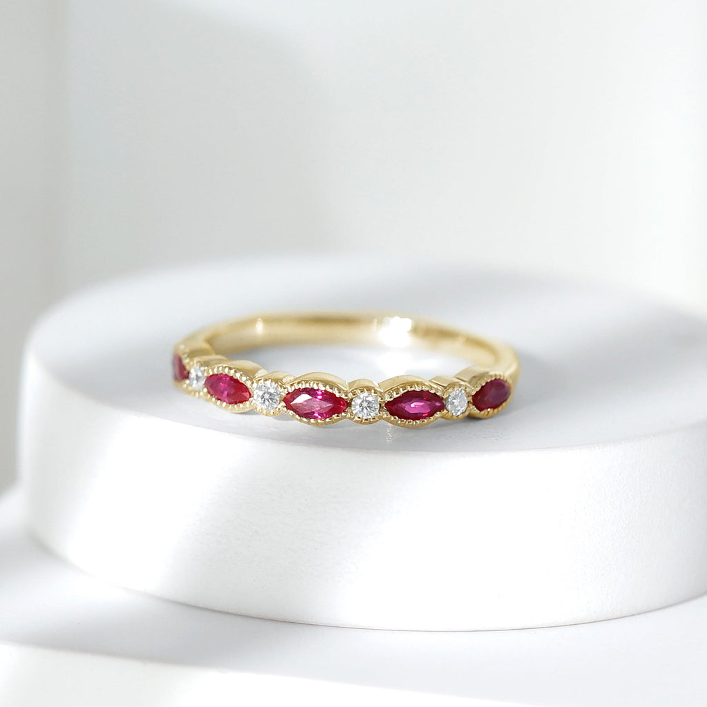 Milgrain Bezel Set Ruby Half Eternity Ring with Moissanite