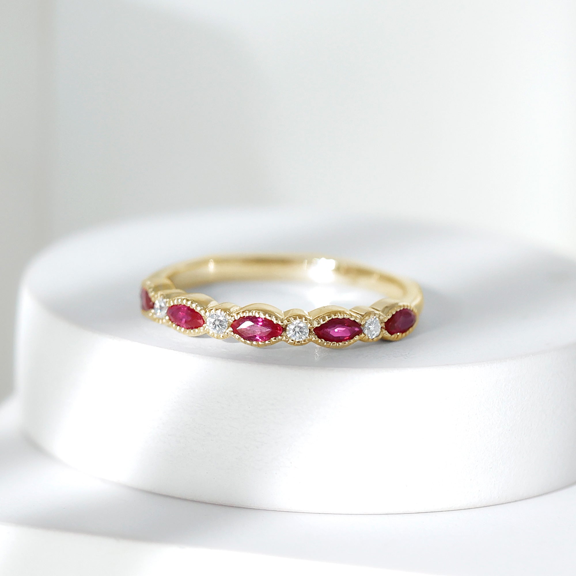 Milgrain Bezel Set Ruby Half Eternity Ring with Moissanite