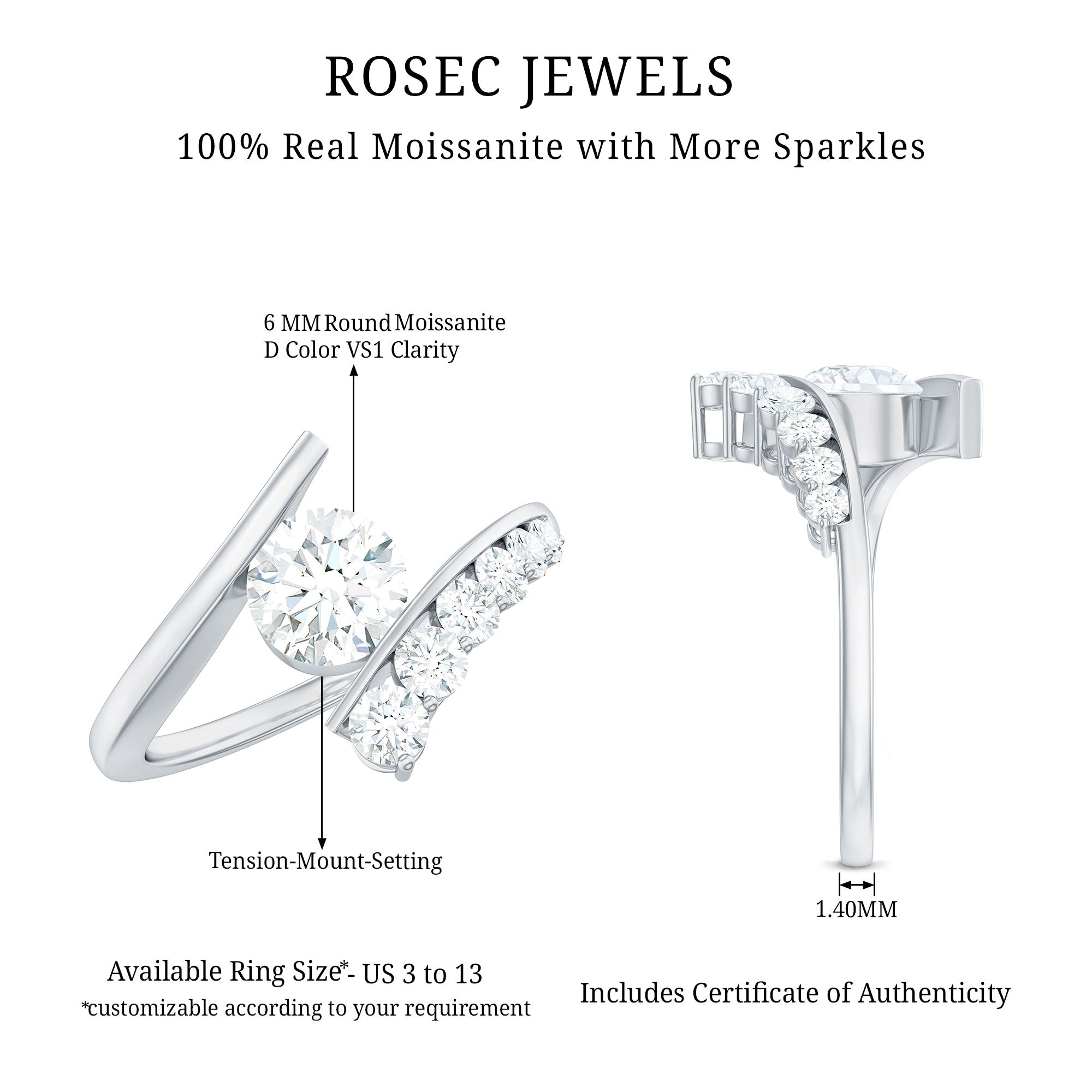 6 MM Certified Round Moissanite Bypass Engagement Ring