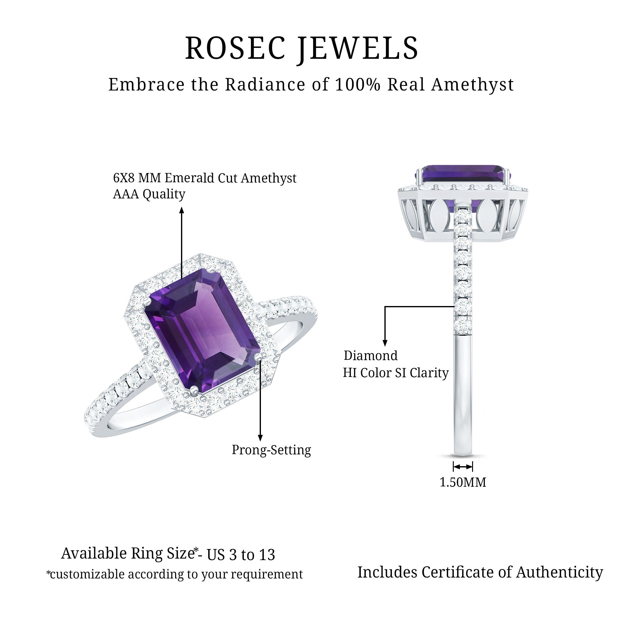 2.25 CT Octagon Cut Amethyst Solitaire Ring with Diamond Side Stones
