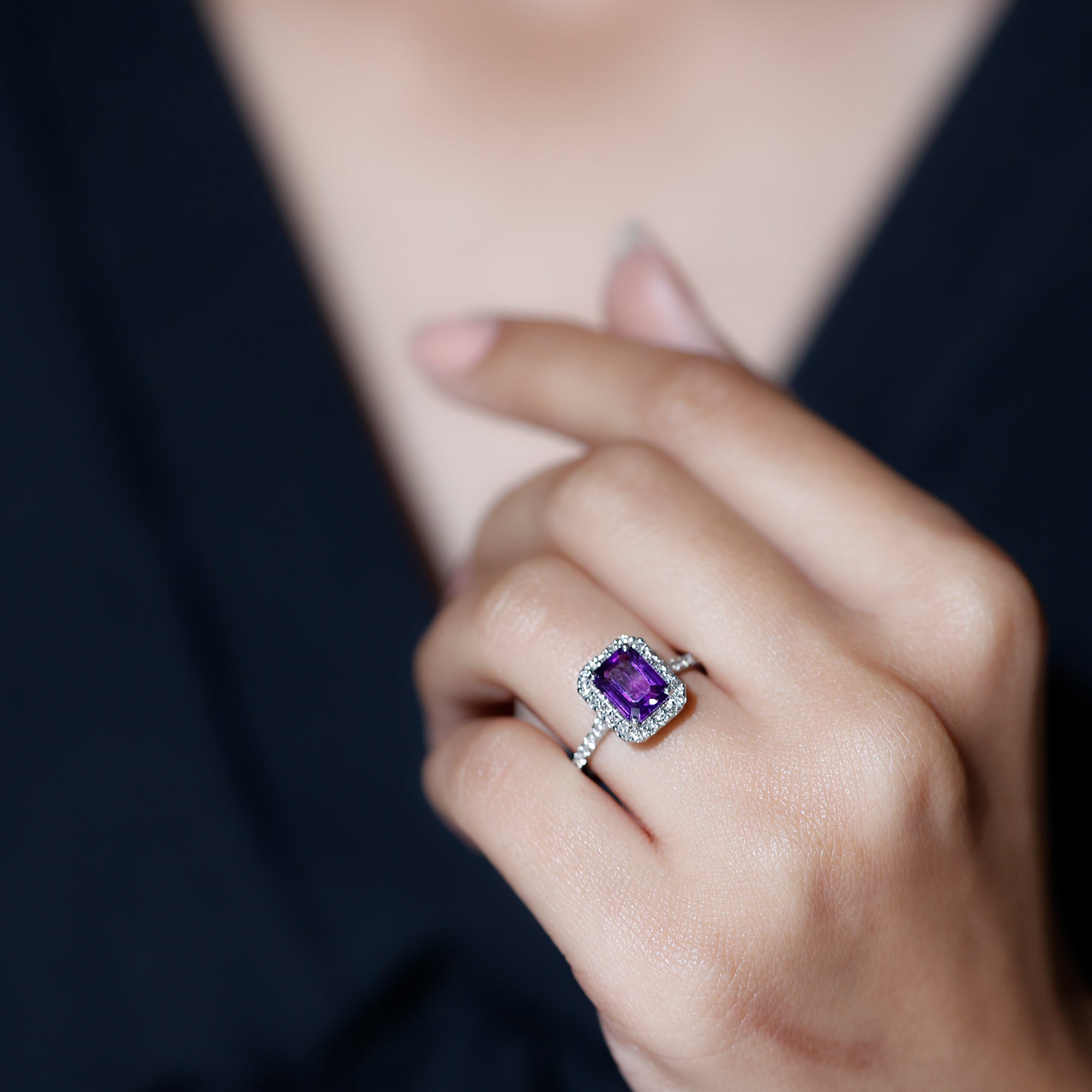 2.25 CT Octagon Cut Amethyst Solitaire Ring with Diamond Side Stones