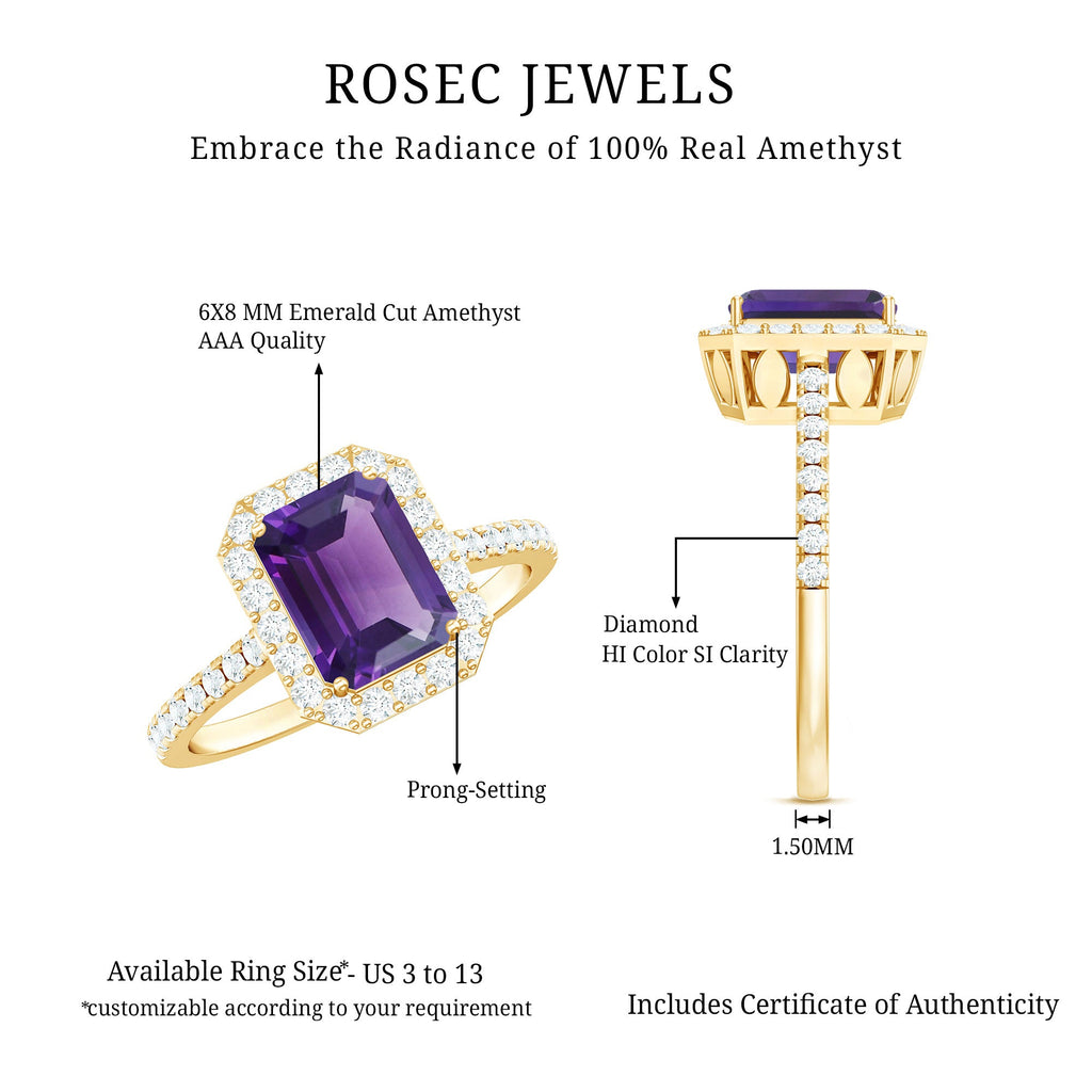 2.25 CT Octagon Cut Amethyst Solitaire Ring with Diamond Side Stones