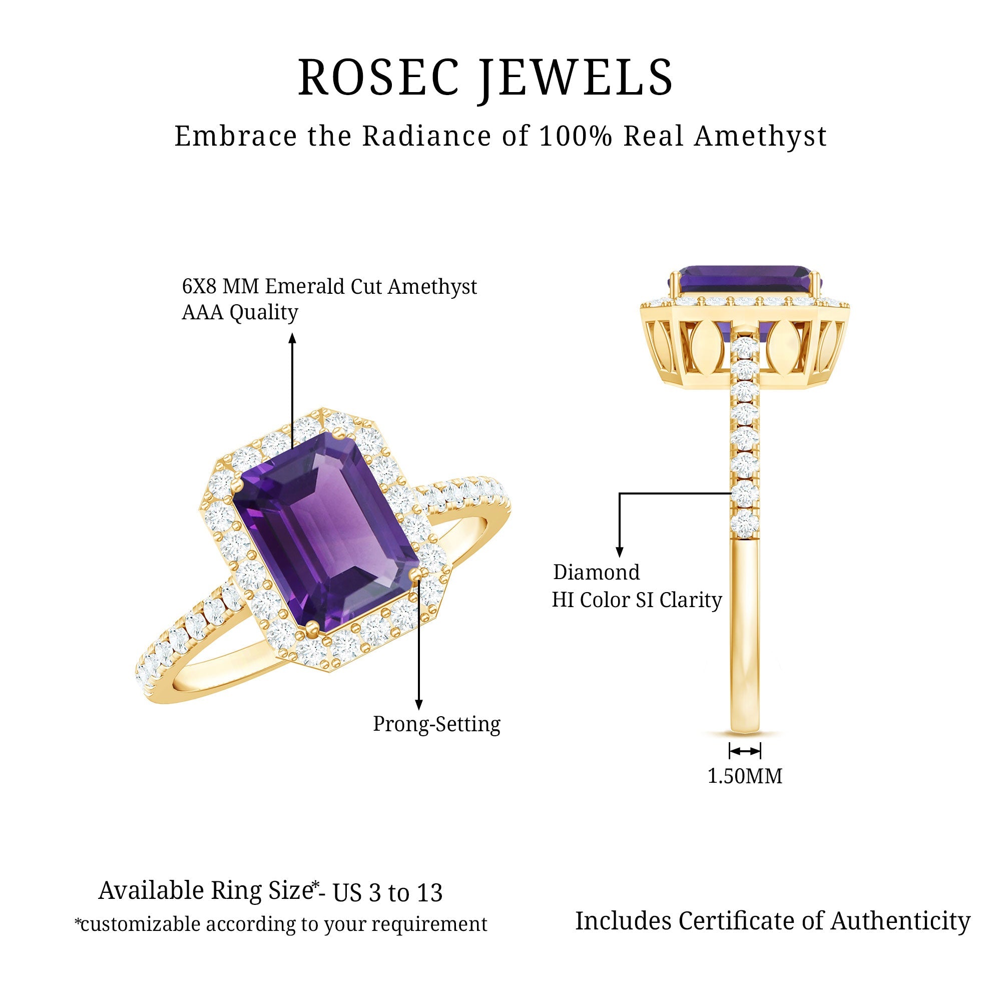 2.25 CT Octagon Cut Amethyst Solitaire Ring with Diamond Side Stones