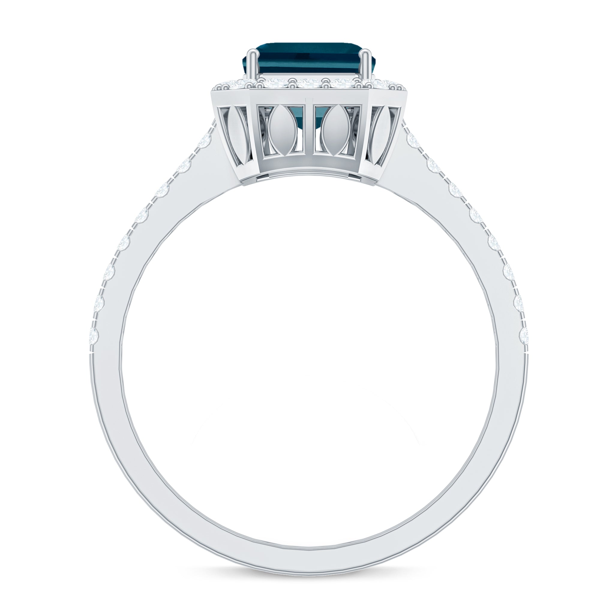 6X8mm Emerald Cut London Blue Topaz Engagement Ring with Diamond Halo