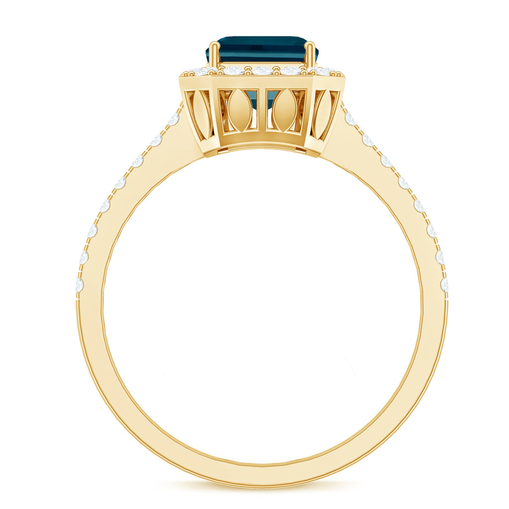 6X8mm Emerald Cut London Blue Topaz Engagement Ring with Diamond Halo