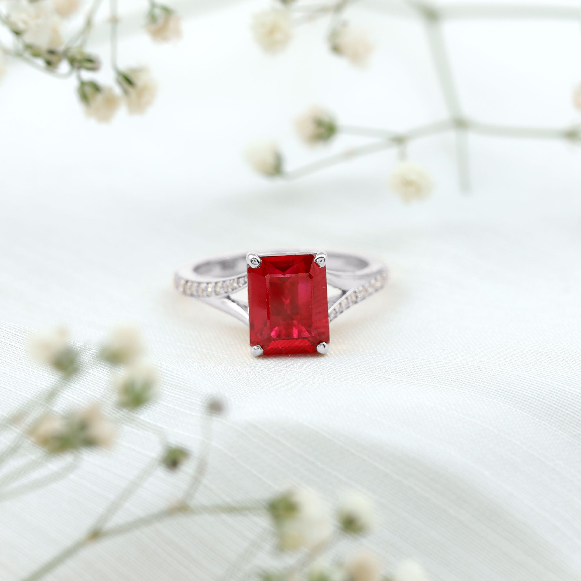 Emerald Cut Lab Grown Ruby and Diamond Ring with Split Shank