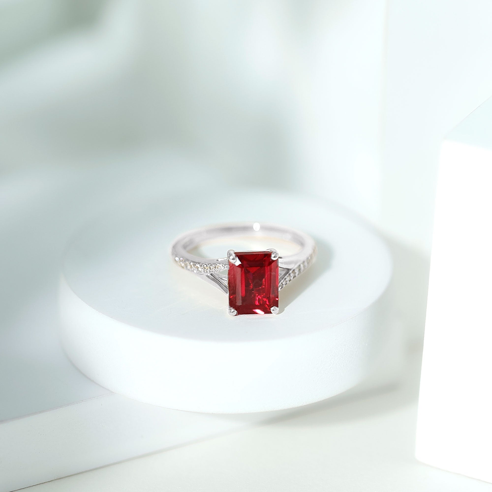 Emerald Cut Lab Grown Ruby and Diamond Ring with Split Shank