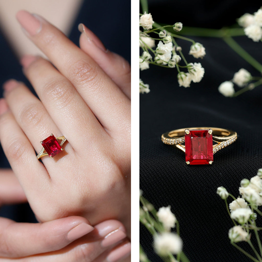 Emerald Cut Lab Grown Ruby and Diamond Ring with Split Shank