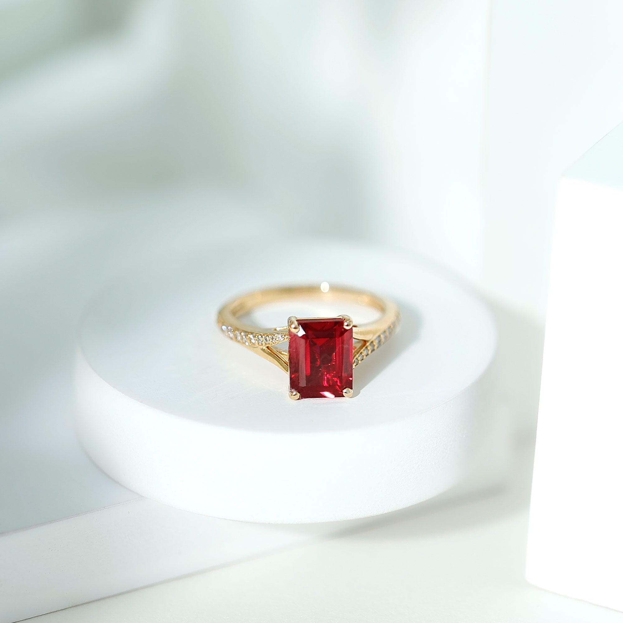 Emerald Cut Lab Grown Ruby and Diamond Ring with Split Shank