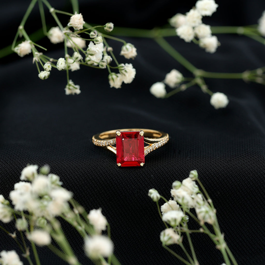 Emerald Cut Lab Grown Ruby and Diamond Ring with Split Shank
