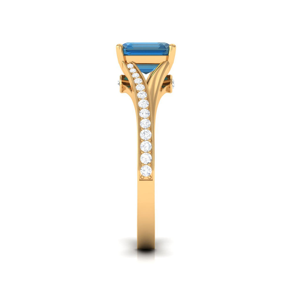 8mm Asscher Cut London Blue Topaz Split Shank Engagement Ring with Diamond