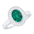 6X8 mm Oval Lab Grown Emerald Bezel Set Engagement Ring With Diamond Halo