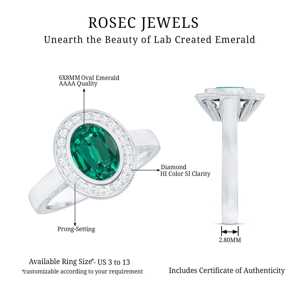 6X8 mm Oval Lab Grown Emerald Bezel Set Engagement Ring With Diamond Halo