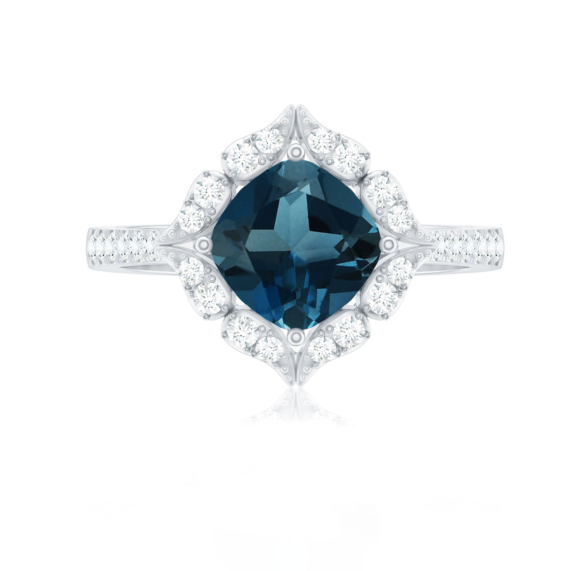 8mm Cushion Cut London Blue Topaz Nature Engagement Ring with Diamond Halo