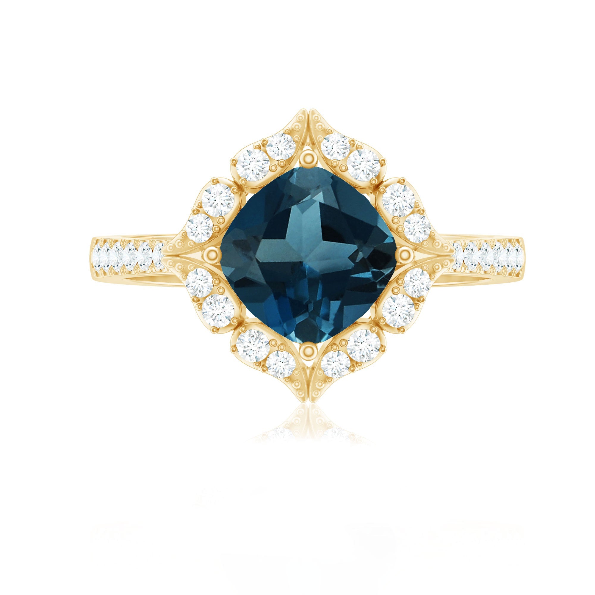 8mm Cushion Cut London Blue Topaz Nature Engagement Ring with Diamond Halo