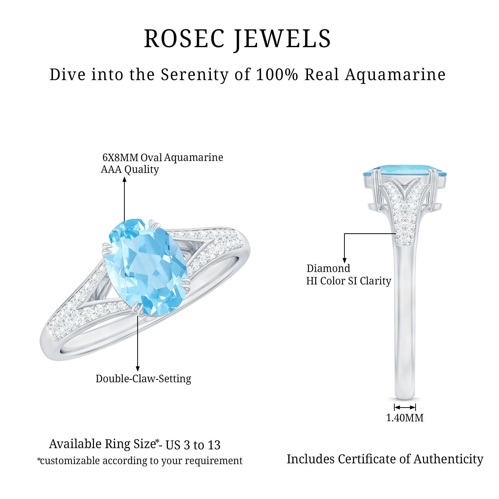 1.25 CT Oval Aquamarine Solitaire Engagement Ring with Diamond Accent