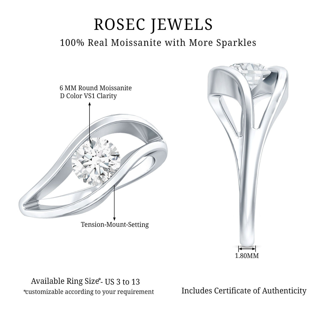 Certified 6 MM Round Moissanite Solitaire Ring with Tension Setting