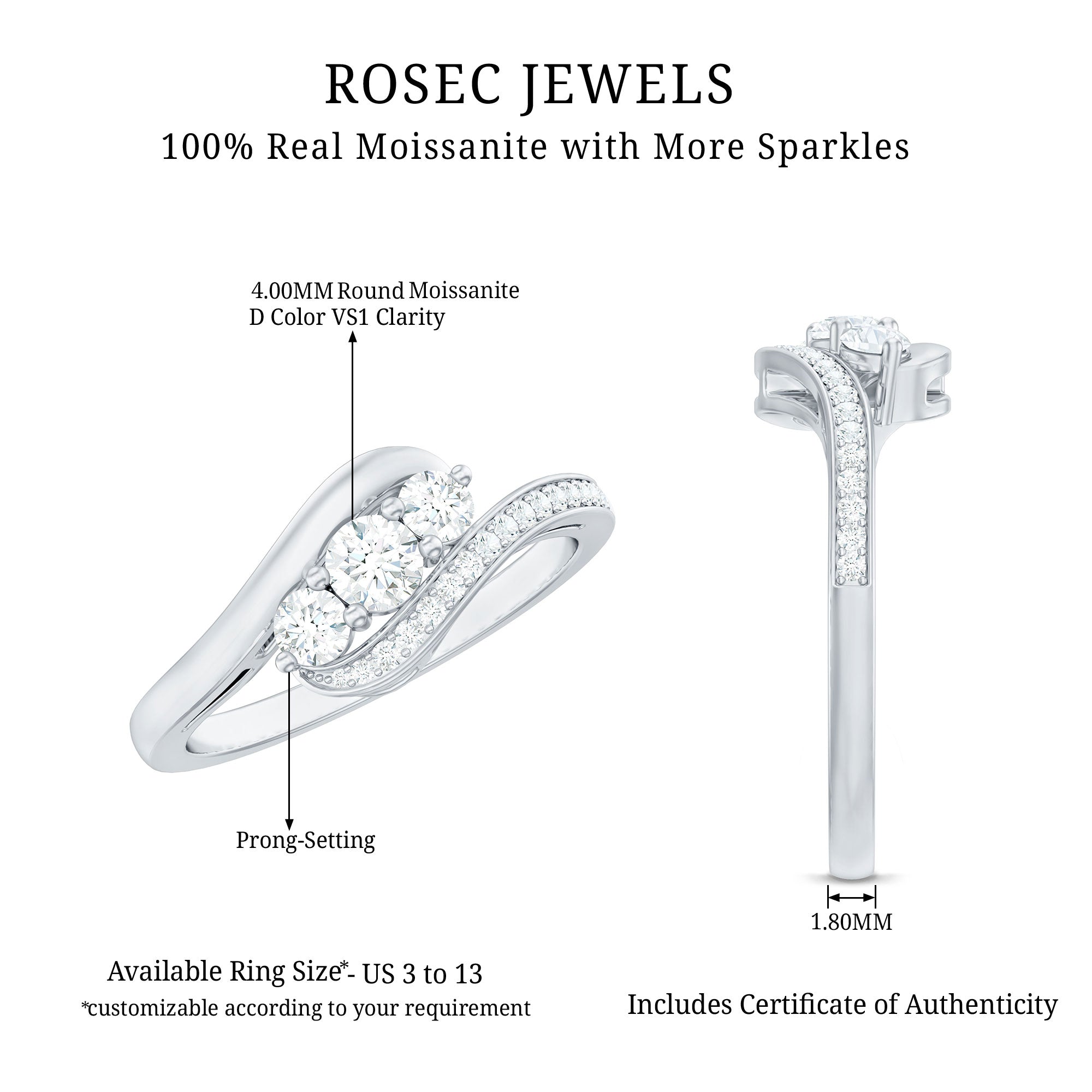 Certified Moissanite Three Stone Engagement Ring with Bypass Shank