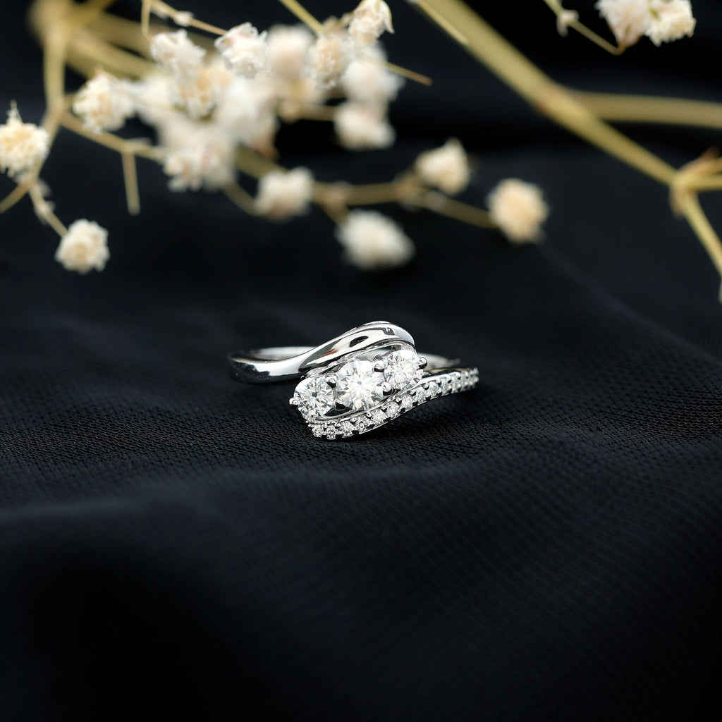 Certified Moissanite Three Stone Engagement Ring with Bypass Shank