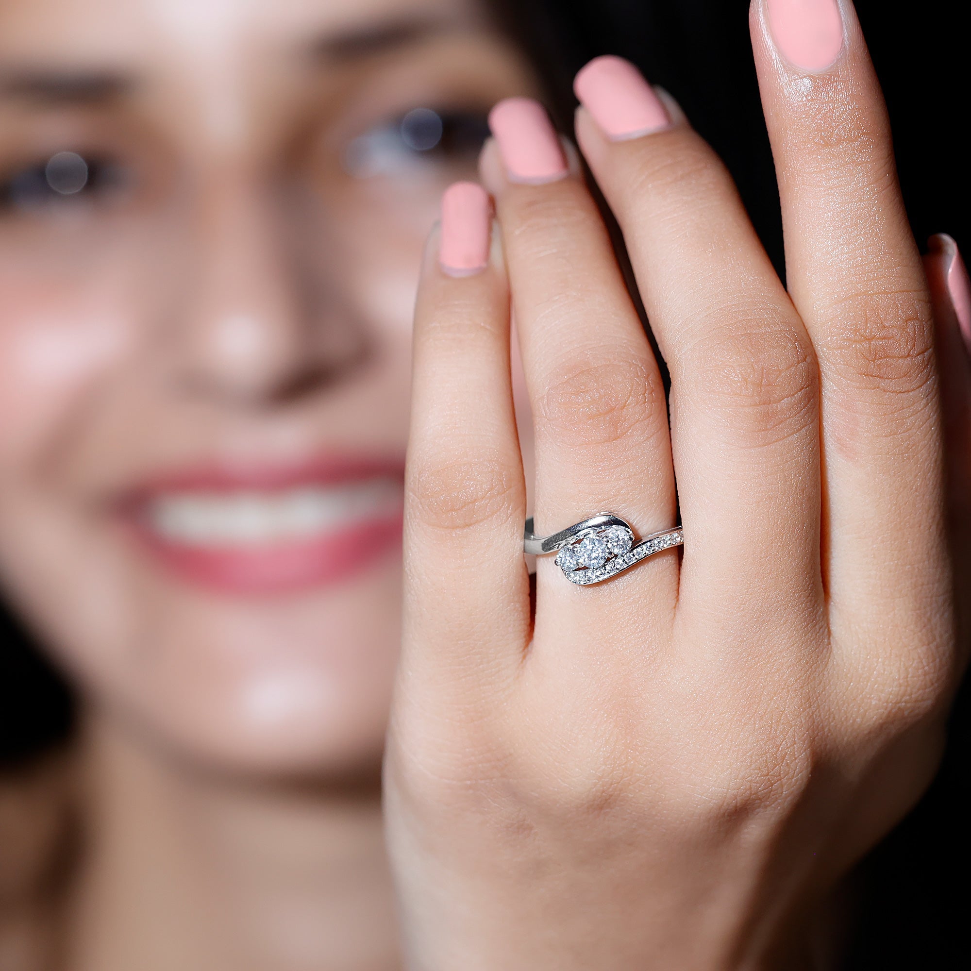 Certified Moissanite Three Stone Engagement Ring with Bypass Shank